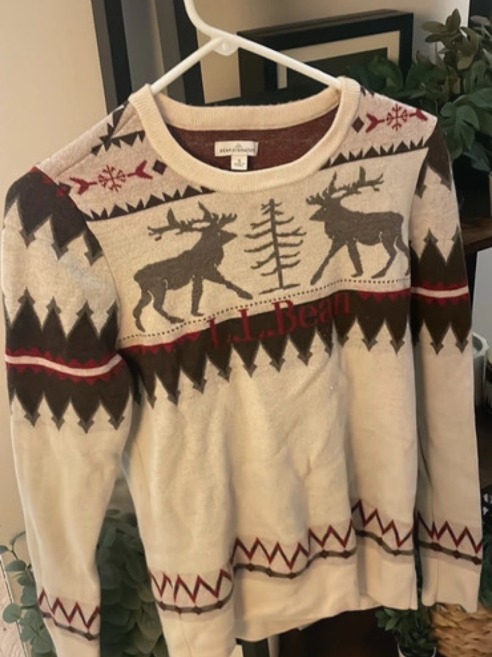 L.L. Bean Cream Crewneck Sweater with Brown Moose and Red Accents